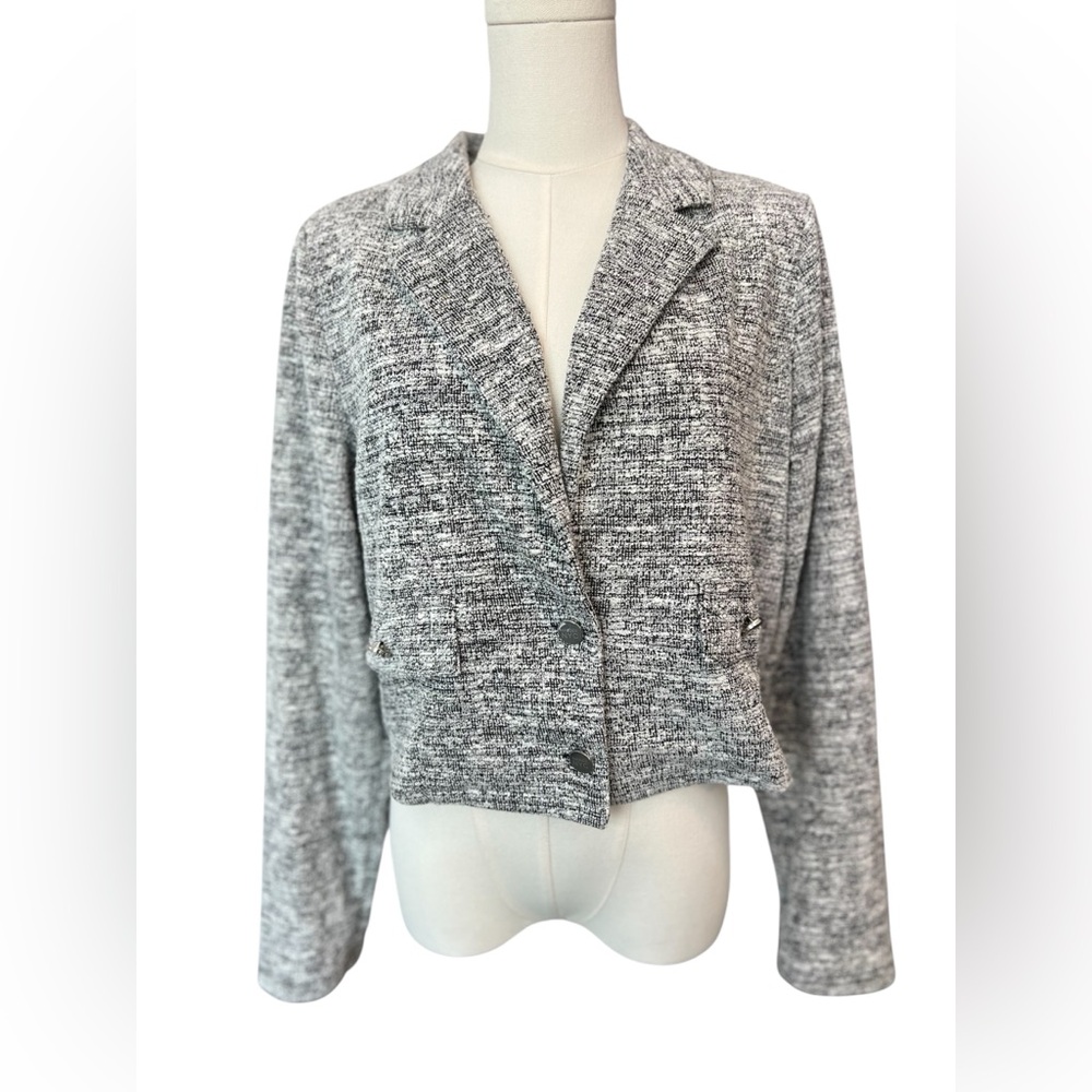 ⚫ EUC MADDEN NY Black & White Tweed Knit Cropped Blazer | Women’s Sz L